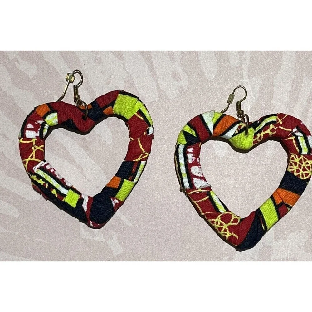Vintage Womens Handmade Fabric Heart Dangle Earrings Large 80s Punk Rave